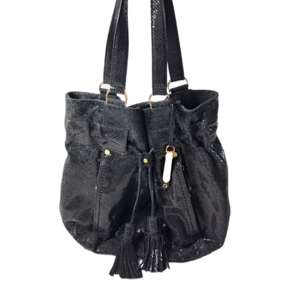 Cole Haan Women's Black Shoulder Bag Shiny Snake Skin Drawstring - Picture 4 of 16